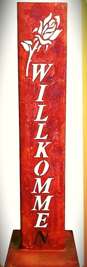 Schild Willkommen Rose am Stiel